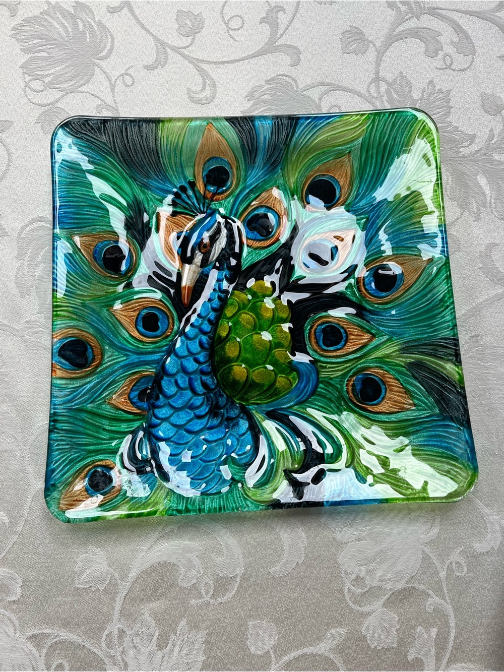 Hand-Painted Peacock Glass Art Plate - Green & Blue